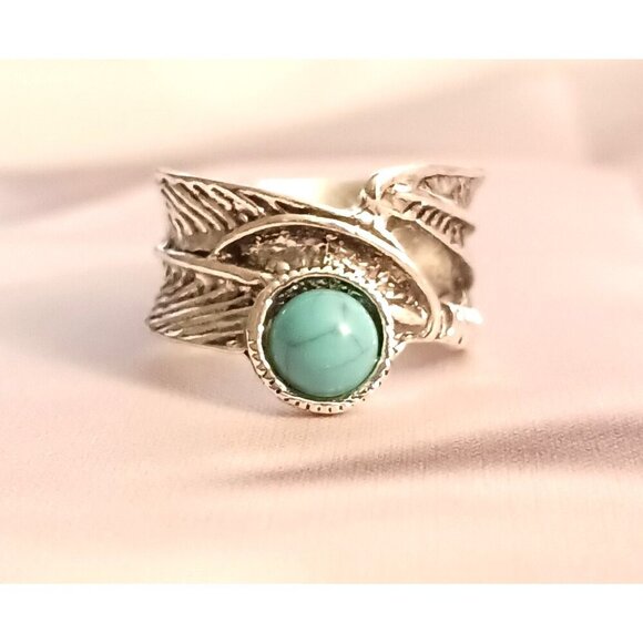 Boho Silver Leaf Wrap Turquoise Ring Size 5 New Nature Inspired Statement Gift - Picture 1 of 5